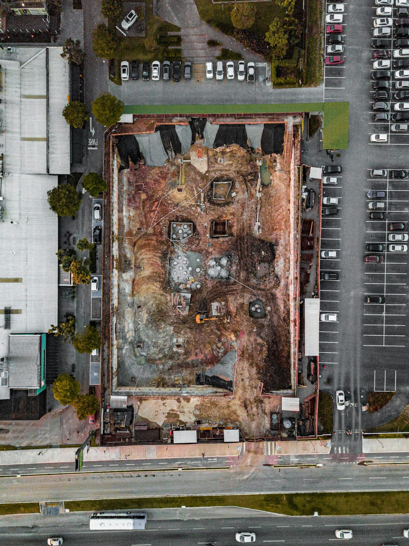 Aerial photograph of an active excavation and construction site